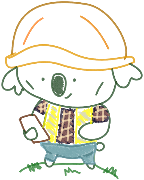 A hand drawn koala in a construction outfit