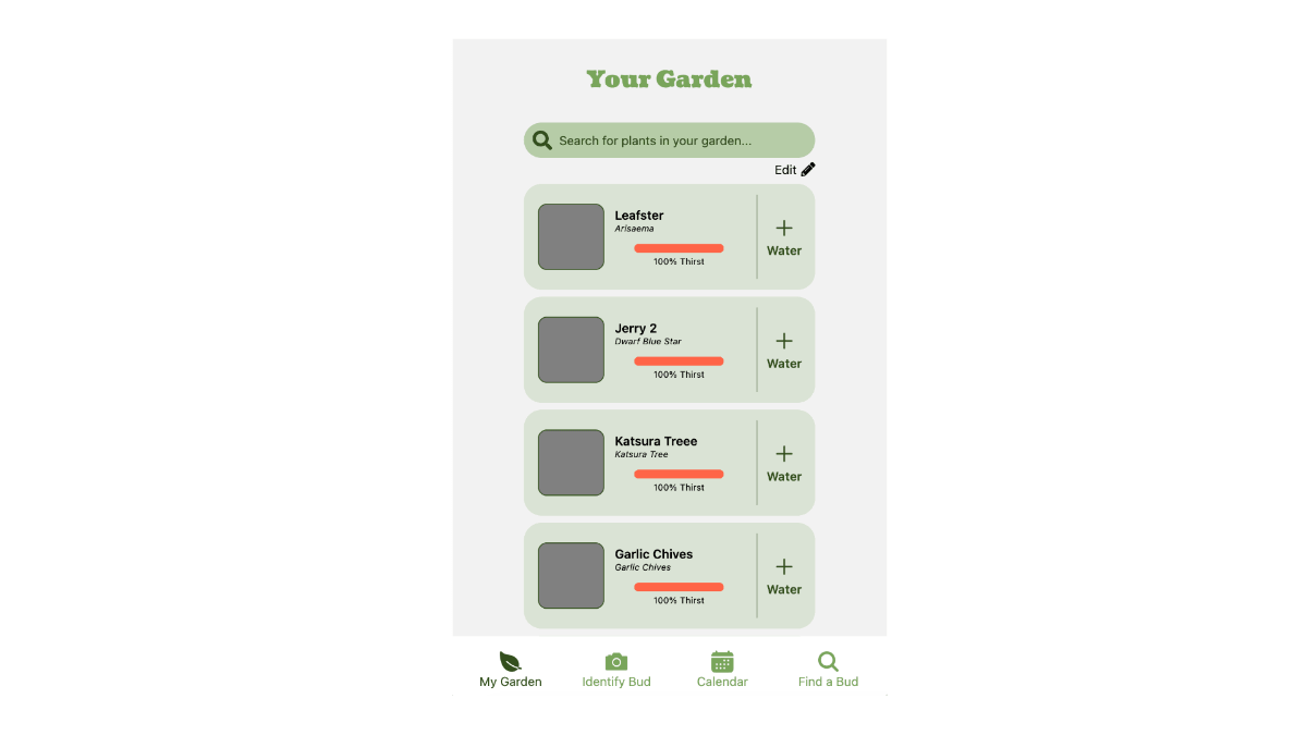 Screenshot of a mobile interface for a list of garden items, with a card per plant and interaction buttons.