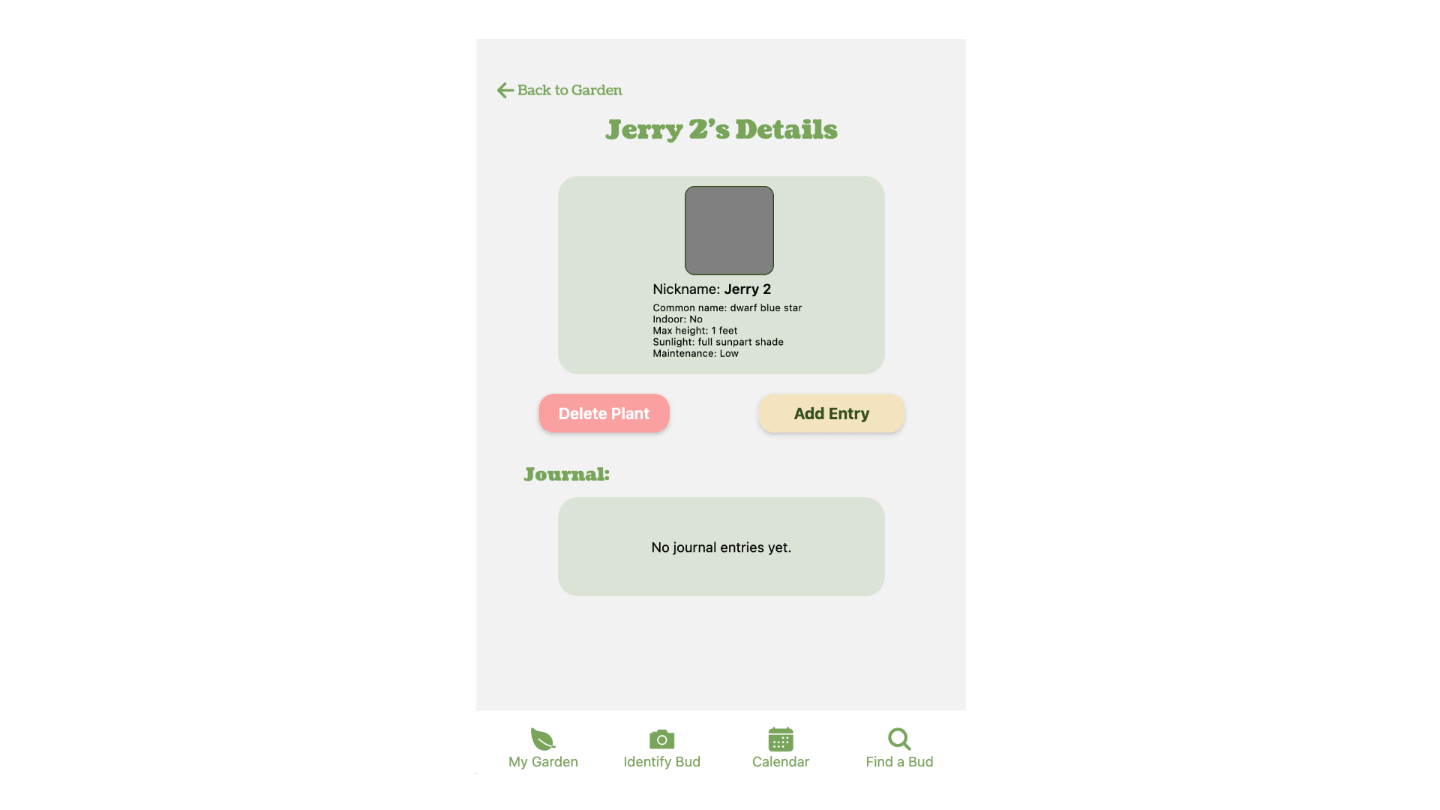 Screenshot of a mobile interface displaying details about a plant, featuring information about the plant species, maintainence details and section underneath for adding and reading journal entries.