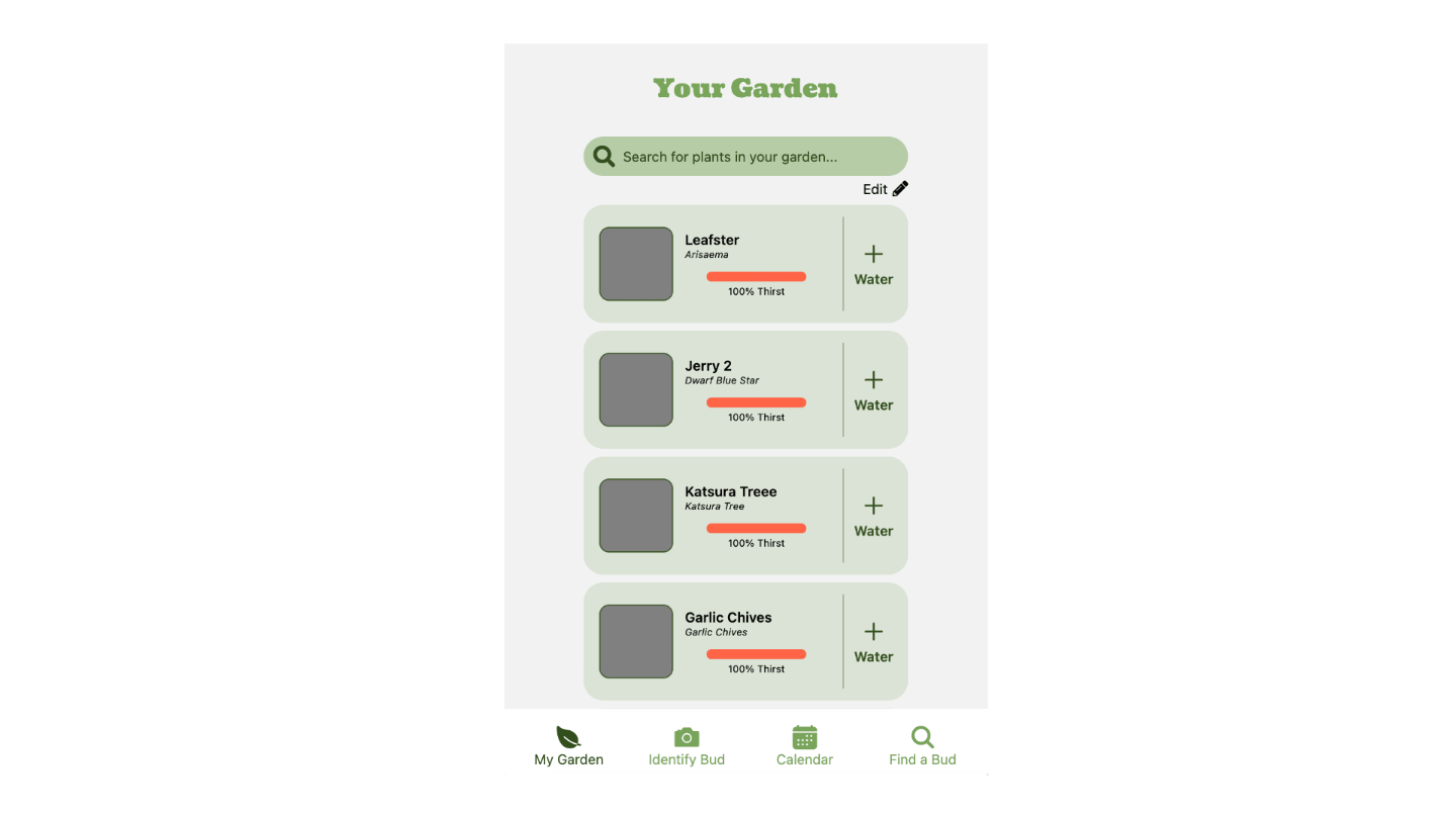 Screenshot of a mobile interface for a list of garden items, with a card per plant and interaction buttons.