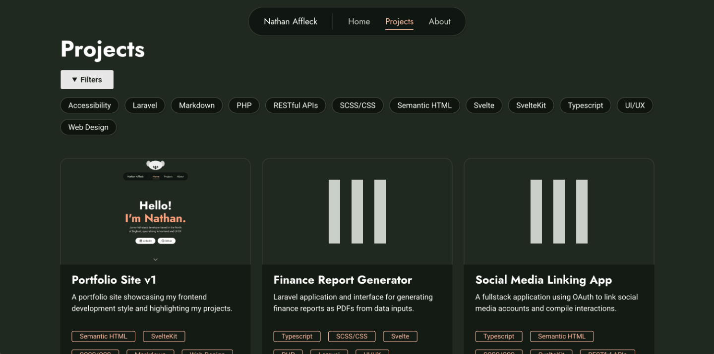 A screenshot of the projects page, features a list of filter tags above a grid of projects with project metadata in each item.