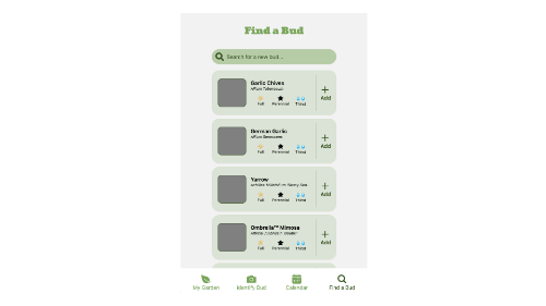 Screenshot of a mobile interface displaying a list of plants with icons to highlight specific details about the plant such as sunlight needs.